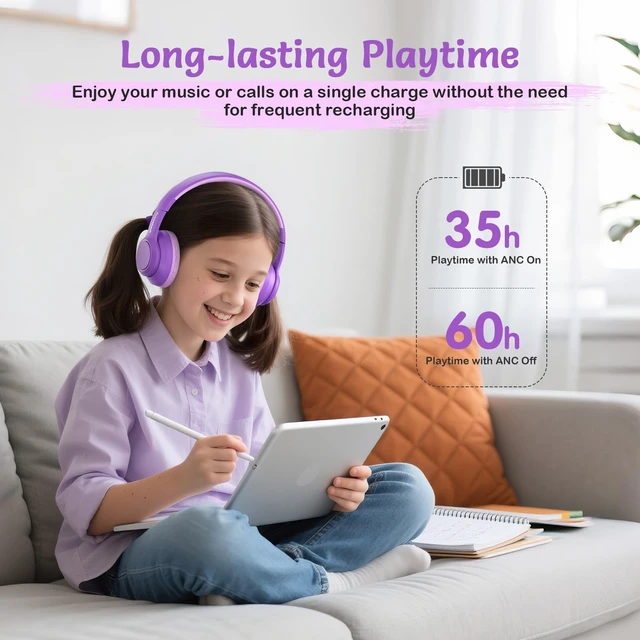 Alt view image 7 of 7 - Kids Bluetooth Headphones with ANC for School Travel Gift Wireless Over-Ear Headphones for Boys Girls, Foldable, Adjustable, Safe Volume, 40H Playtime, Mic for School Travel