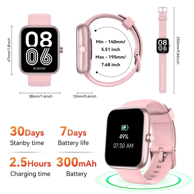 Alt view image 7 of 7 - Smart Watch with Alexa Built-in 1.83" HD 2026 Health Fitness Tracker Bluetooth Calls and Notifications 120+ Sport Modes Heart Rate Sleep Monitor Fitness Watch IP68 Waterproof iPhone Android (Pink)