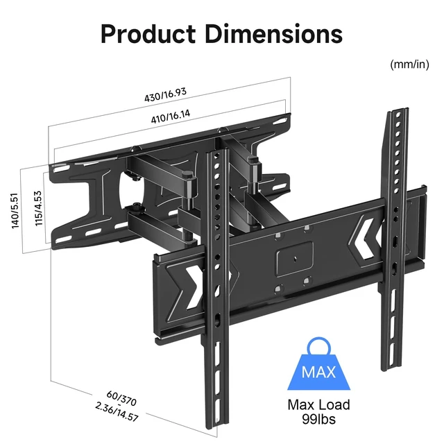 Alt view image 7 of 7 - Full Motion TV Wall Mount for 32-60 Inch TVs, Swivel & Tilt Adjustable Bracket, Dual Articulating Arms, Fits 16" Studs, Max VESA 400x400mm, Supports Up to 99lbs, MA001