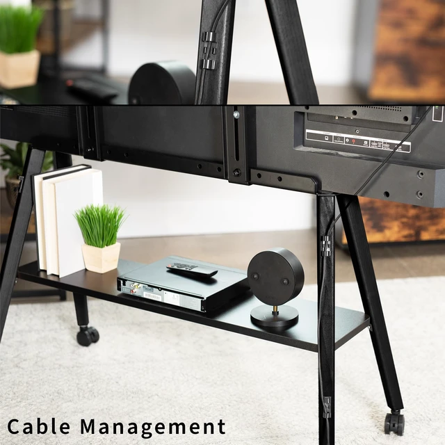 Alt view image 6 of 7 - Rolling Artistic Easel 43 to 75 inch LED LCD Screen Mobile Studio TV Display Stand, Wood Accessory Shelf, Adjustable TV Mount with 4 Legs, Black, STAND-TV75RB