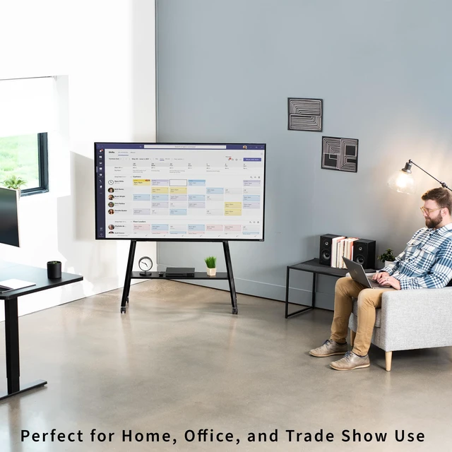 Alt view image 7 of 7 - Rolling Artistic Easel 43 to 75 inch LED LCD Screen Mobile Studio TV Display Stand, Wood Accessory Shelf, Adjustable TV Mount with 4 Legs, Black, STAND-TV75RB