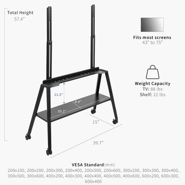 Alt view image 4 of 7 - Rolling Artistic Easel 43 to 75 inch LED LCD Screen Mobile Studio TV Display Stand, Wood Accessory Shelf, Adjustable TV Mount with 4 Legs, Black, STAND-TV75RB