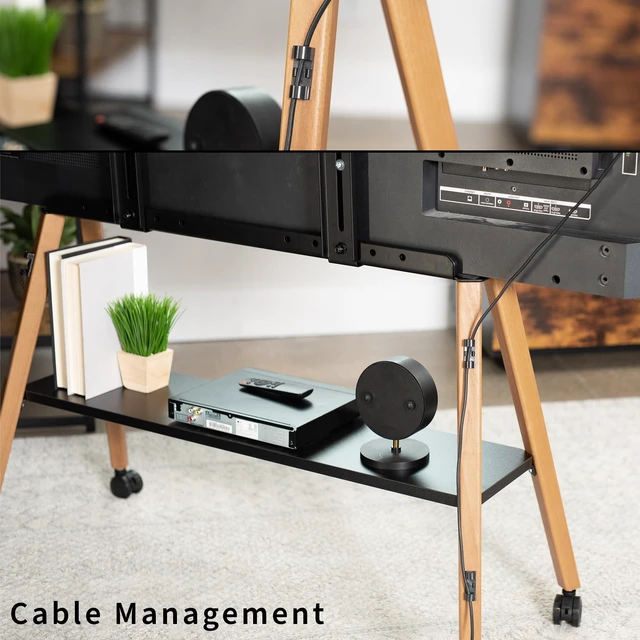 Alt view image 6 of 7 - Rolling Artistic 43 to 75 inch LED LCD Screen Mobile Studio TV Easel Stand, Wood Accessory Shelf, Adjustable TV Mount with 4 Walnut Legs, Black Frame, STAND-TV75R