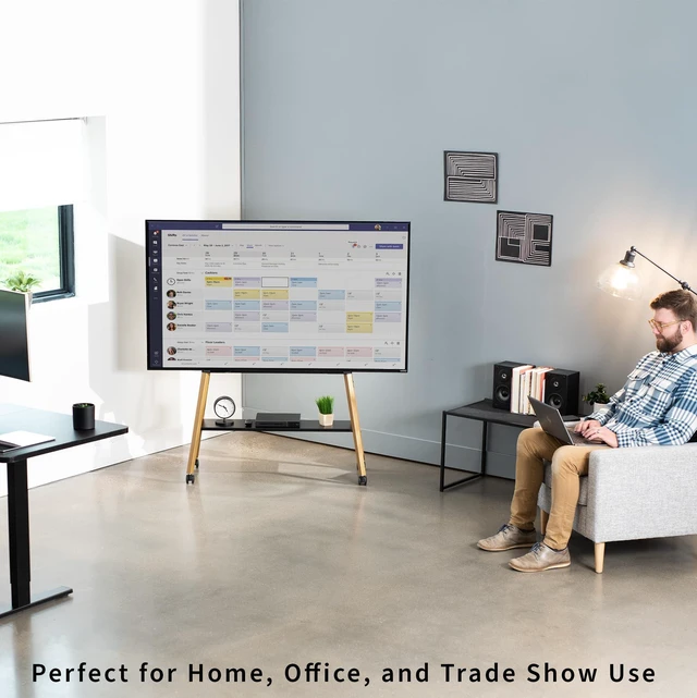 Alt view image 7 of 7 - Rolling Artistic 43 to 75 inch LED LCD Screen Mobile Studio TV Easel Stand, Wood Accessory Shelf, Adjustable TV Mount with 4 Walnut Legs, Black Frame, STAND-TV75R