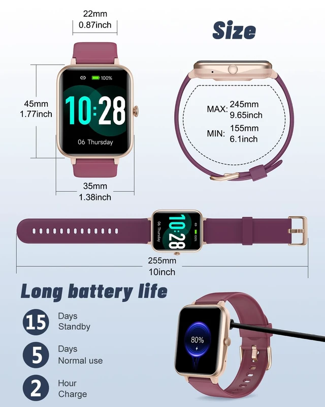 Alt view image 7 of 7 - Smart Watch for Women, Bluetooth Call, for iPhone Android Purple 1.8" Fitness Tracker, Heart Rate/Sleep Monitor, Steps Calories Counter, 100+ Sport Types, 200+ Watch Faces, IP68 waterproof