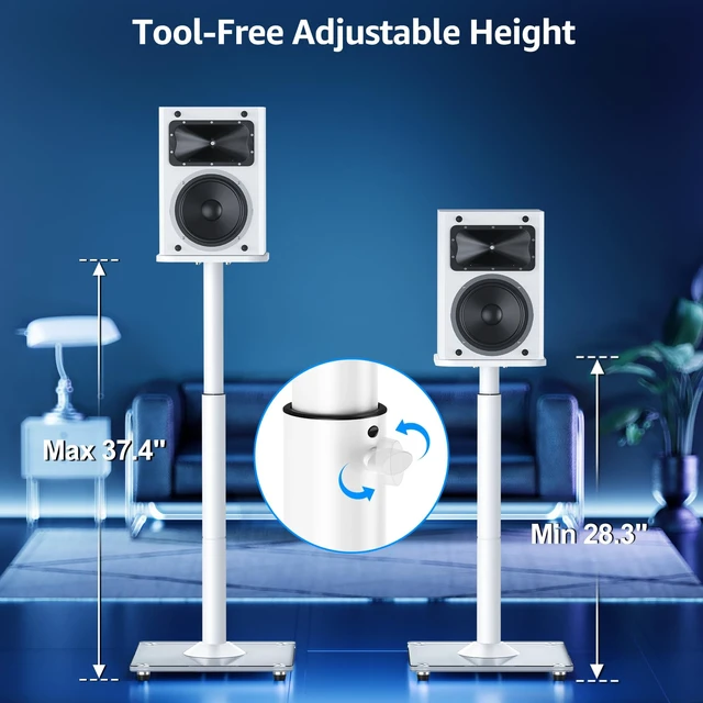 Alt view image 5 of 7 - Universal Speaker Stands Pair, 28.3" to 37.4" Height Adjustable Floor Speaker Stands, Holds Bookshelf & Large Satellite Studio Speakers, Cable Concealing, 22LBS Capacity, 9.8" Plate, White
