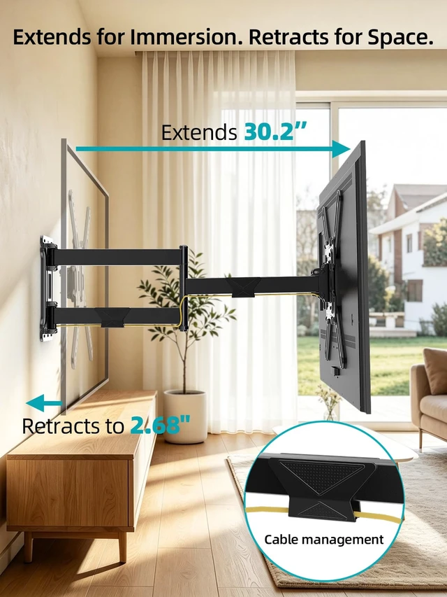 Alt view image 4 of 7 - Corner TV Wall Mount Long Arm for 2670 Inch TVs up to 132 lbs Full Motion Corner TV Mount with 30.2" Long Extension, Swivel ±90°/Tilt +5° to -15°/Level ±3°, Max VESA 400x400mm