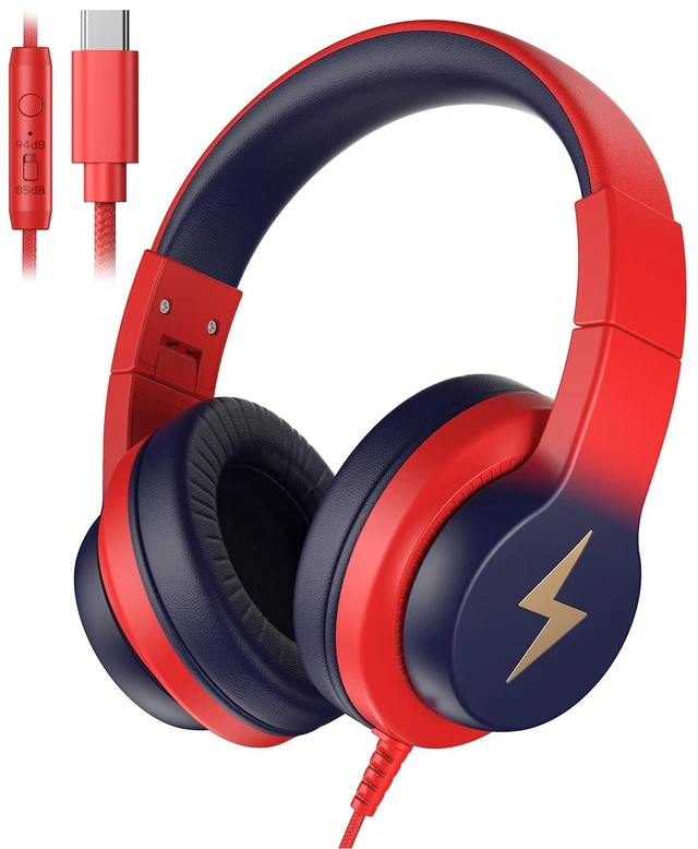 Main image of USB C Wired Kids Headphones with Microphone for School 85/94dB Volume Limited, Foldable Over-Ear Fit, Corded Headphones for Toddler, Boys,Girls,Travel, iPad, Tablets, Gradient Red