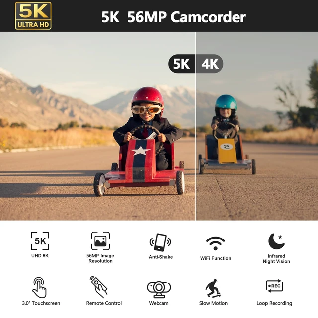 Alt view image 2 of 7 - 5K 56MP Camcorder Video Camera for YouTube Vlogging Night Vision WiFi, 3'' 270° Touchscreen, External Microphone, Stabilizer, Remote, 2 Batteries, 32GB SD Card, Tripod