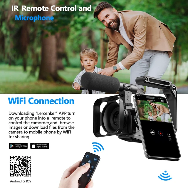 Alt view image 4 of 7 - 5K 56MP Camcorder Video Camera for YouTube Vlogging Night Vision WiFi, 3'' 270° Touchscreen, External Microphone, Stabilizer, Remote, 2 Batteries, 32GB SD Card, Tripod