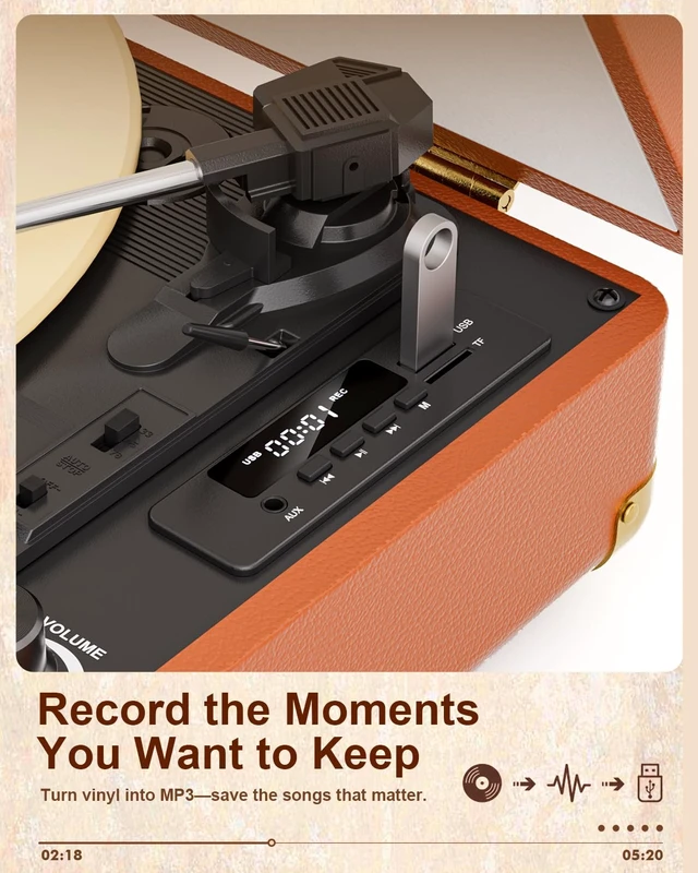 Alt view image 3 of 7 - Vinyl Record Player Bluetooth Vintage 3-Speed Portable Suitcase Turntables with Built-in Speakers, Belt-Driven LP Player Support USB Recording AUX-in RCA Line Out Headphone Jack, Brown