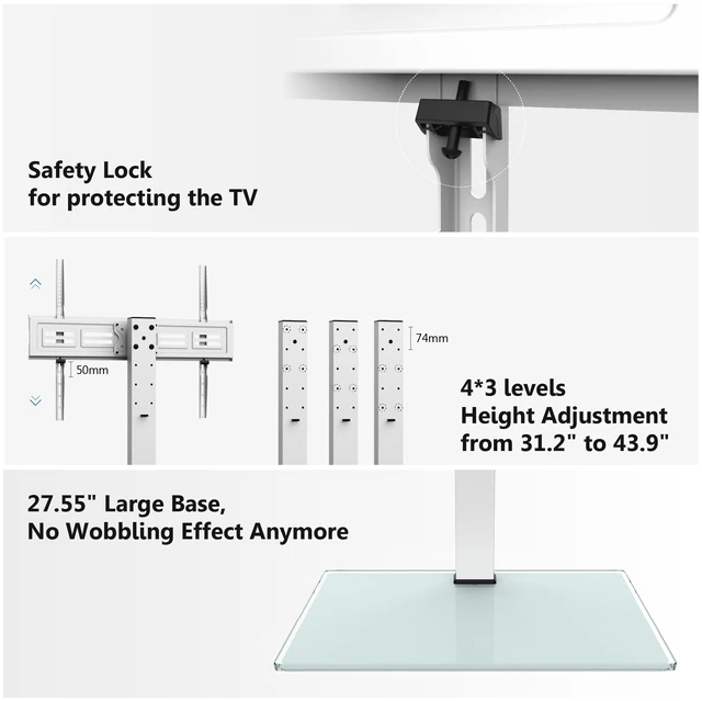 Alt view image 5 of 7 - Universal TV Stand with Swivel Mount for 50-85 Inch TV, White Tabletop TV Stand with Height Adjustable, Desktop TV Stand with Tempered Glass Base, up to 110 lb for Bedroom Living Room
