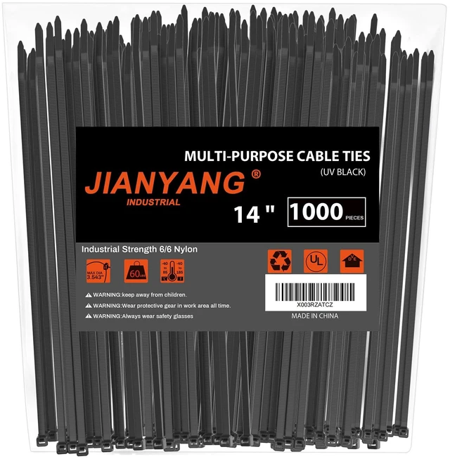 Main image of 14 Inch Zip Ties (Bulk 1000 Pack Black),60LBS Tensile Strength Heavy Duty Cable Wire Ties With Self-Locking Adjustable Durable Nylon Tie Wraps for Indoor Outdoor