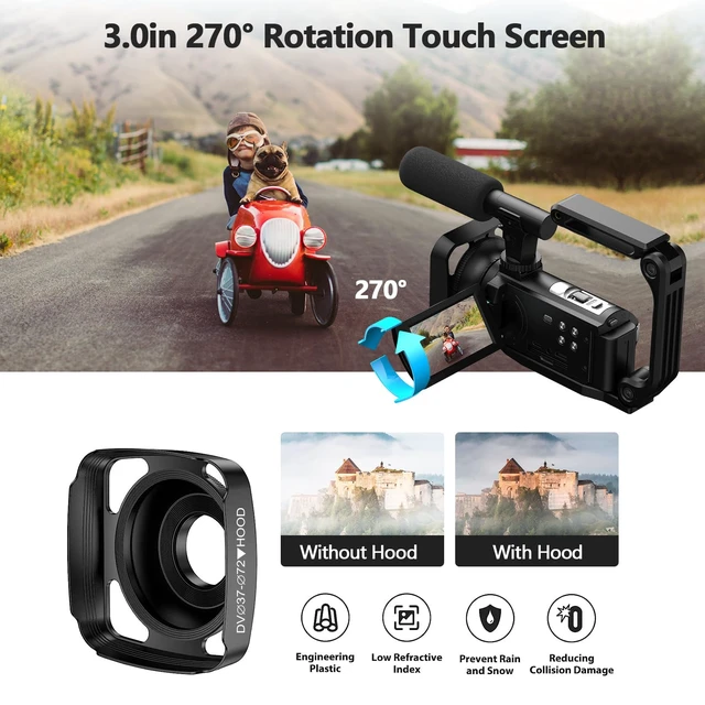 Alt view image 6 of 7 - 5K 56MP Camcorder Video Camera for YouTube Vlogging Night Vision WiFi, 3'' 270° Touchscreen, External Microphone, Stabilizer, Remote, 2 Batteries, 32GB SD Card, Tripod