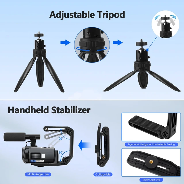 Alt view image 7 of 7 - 5K 56MP Camcorder Video Camera for YouTube Vlogging Night Vision WiFi, 3'' 270° Touchscreen, External Microphone, Stabilizer, Remote, 2 Batteries, 32GB SD Card, Tripod