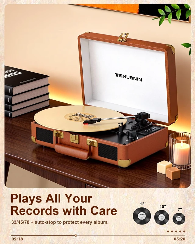 Alt view image 5 of 7 - Vinyl Record Player Bluetooth Vintage 3-Speed Portable Suitcase Turntables with Built-in Speakers, Belt-Driven LP Player Support USB Recording AUX-in RCA Line Out Headphone Jack, Brown