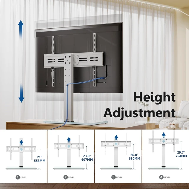 Alt view image 6 of 7 - Universal TV Stand with Swivel Mount for 50-85 Inch TV, White Tabletop TV Stand with Height Adjustable, Desktop TV Stand with Tempered Glass Base, up to 110 lb for Bedroom Living Room