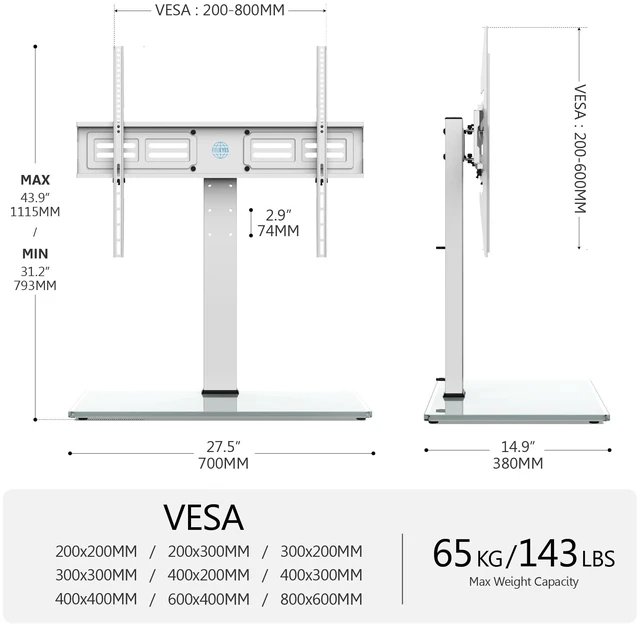 Alt view image 7 of 7 - Universal TV Stand with Swivel Mount for 50-85 Inch TV, White Tabletop TV Stand with Height Adjustable, Desktop TV Stand with Tempered Glass Base, up to 110 lb for Bedroom Living Room