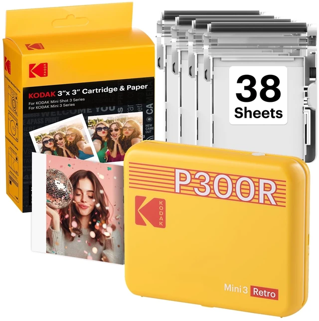 Main image of Mini 3 Retro 3x3 Portable Photo Printer, 4PASS, 38 Sheets, Yellow Bluetooth, iPhone & Android Smartphone Compatible, Smudge-Proof, Water-Resistant, Fade-Resistant