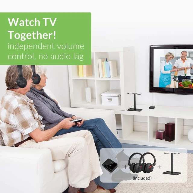 Alt view image 2 of 7 - HT41899 - Dual Wireless TV Headphones with Transmitter Two-headphone TV listening set with optical and AUX support, individual