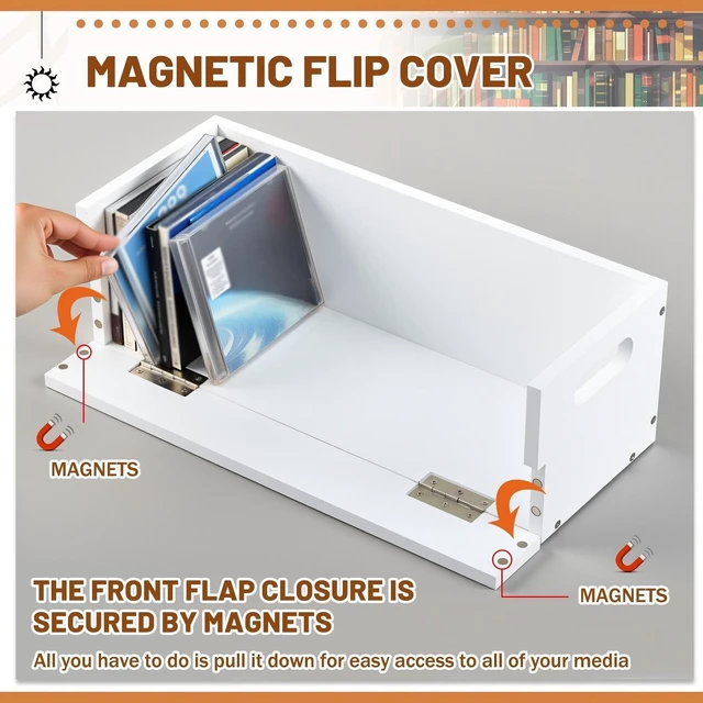 Alt view image 3 of 7 - 2 Set Wooden CD Storage Box,Holds 72 CDs(36 Each) Stackable CD Holder Organizer with Magnetic Front Flap and Carrying Handles for DVDs, Cassette Tapes and Movie Cases (White)