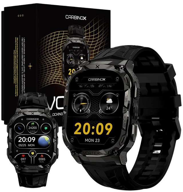 Main image of Vortex Rugged Smart Watch for Men, Fitness Tracker, Black Zinc alloy body, 1.96in AMOLED Gorilla Glass, Bluetooth calling, 5ATM + IP69K, 100+ sport modes, 15-day battery