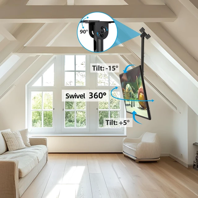 Alt view image 2 of 7 - Ceiling TV Mount for 26-65 inch Flat Screen Displays, Adjustable Ceiling TV Bracket Fits Most LCD LED OLED TVs, 14.96Inch Single Extended Mounting Pole, Holds up to 110lbs, Max VESA 400x400mm