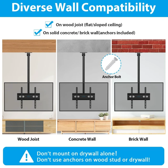 Alt view image 6 of 7 - Ceiling TV Mount for 26-65 inch Flat Screen Displays, Adjustable Ceiling TV Bracket Fits Most LCD LED OLED TVs, 14.96Inch Single Extended Mounting Pole, Holds up to 110lbs, Max VESA 400x400mm