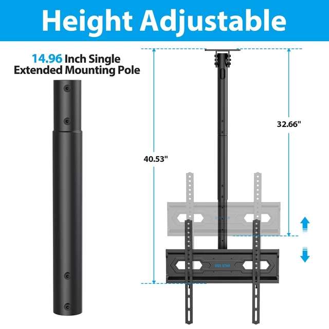 Alt view image 3 of 7 - Ceiling TV Mount for 26-65 inch Flat Screen Displays, Adjustable Ceiling TV Bracket Fits Most LCD LED OLED TVs, 14.96Inch Single Extended Mounting Pole, Holds up to 110lbs, Max VESA 400x400mm