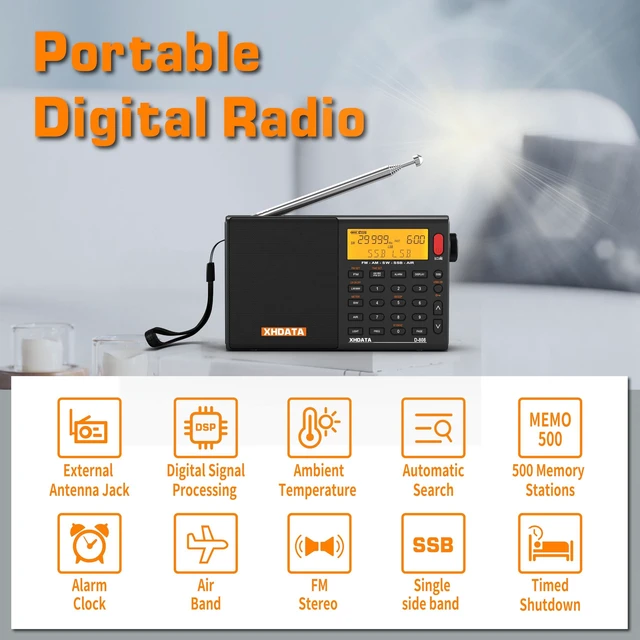 Alt view image 3 of 5 - D808 Portable AM FM SW LW Air Band Shortwave Radio SSB RDS Multi Band Digital Radio Speaker with LCD Display Alarm Clock External Antenna (Black)
