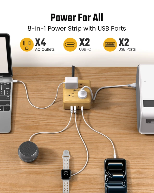 Alt view image 2 of 7 - Brown Extension Cord, Flat Plug Power Strip Surge Protector, 5Ft 900J, 4 Outlets & 4 USB (2 USB-C) Charging Station for Nightstand, Office, College Dorm, Essentials, Hotel, RV, White
