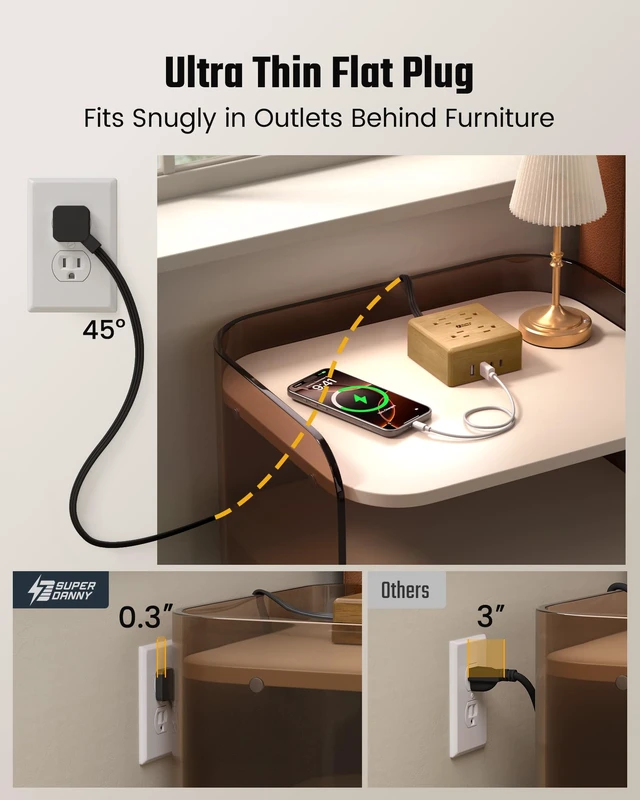 Alt view image 3 of 7 - Brown Extension Cord, Flat Plug Power Strip Surge Protector, 5Ft 900J, 4 Outlets & 4 USB (2 USB-C) Charging Station for Nightstand, Office, College Dorm, Essentials, Hotel, RV, White