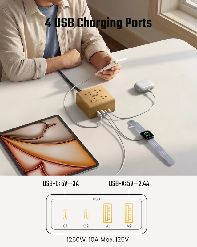 Alt view image 4 of 7 - Brown Extension Cord, Flat Plug Power Strip Surge Protector, 5Ft 900J, 4 Outlets & 4 USB (2 USB-C) Charging Station for Nightstand, Office, College Dorm, Essentials, Hotel, RV, White