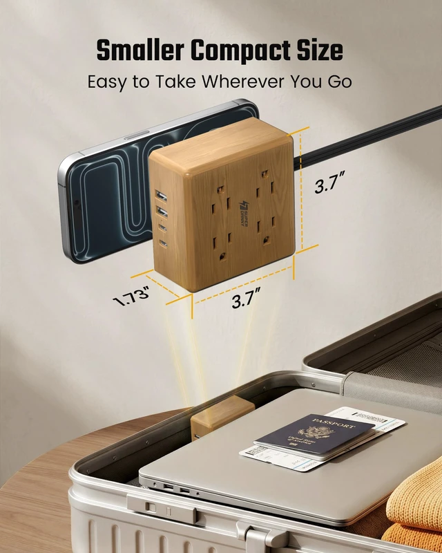 Alt view image 7 of 7 - Brown Extension Cord, Flat Plug Power Strip Surge Protector, 5Ft 900J, 4 Outlets & 4 USB (2 USB-C) Charging Station for Nightstand, Office, College Dorm, Essentials, Hotel, RV, White
