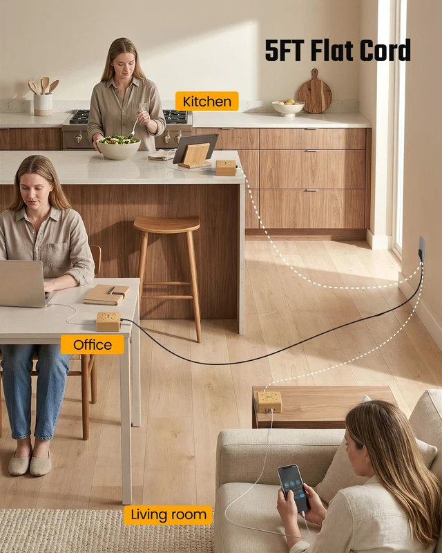 Alt view image 6 of 7 - Brown Extension Cord, Flat Plug Power Strip Surge Protector, 5Ft 900J, 4 Outlets & 4 USB (2 USB-C) Charging Station for Nightstand, Office, College Dorm, Essentials, Hotel, RV, White