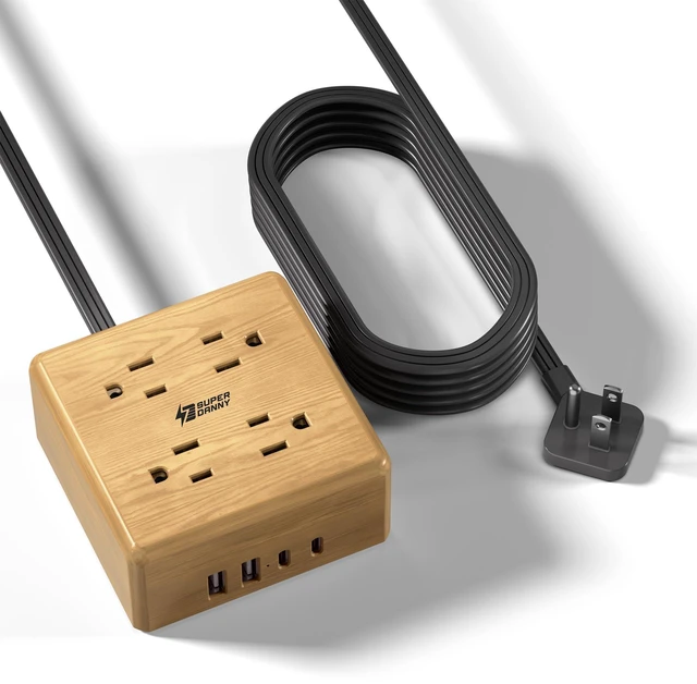 Main image of Brown Extension Cord, Flat Plug Power Strip Surge Protector, 5Ft 900J, 4 Outlets & 4 USB (2 USB-C) Charging Station for Nightstand, Office, College Dorm, Essentials, Hotel, RV, White