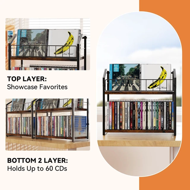 Alt view image 3 of 7 - CD Storage Rack, 2 Tier CD holder & Display, 120 Capacity- Brown 2 Pack Versatile CD organizer works for DVD storage, books and other media items, keeping jewel cases neat and accessible