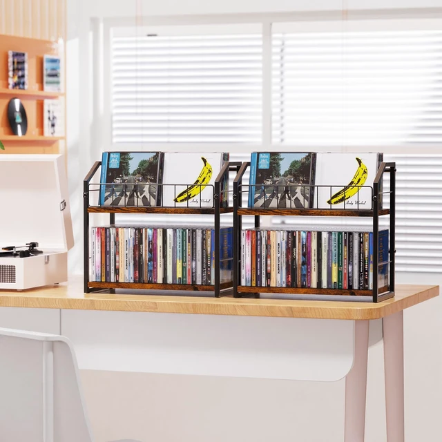 Alt view image 4 of 7 - CD Storage Rack, 2 Tier CD holder & Display, 120 Capacity- Brown 2 Pack Versatile CD organizer works for DVD storage, books and other media items, keeping jewel cases neat and accessible