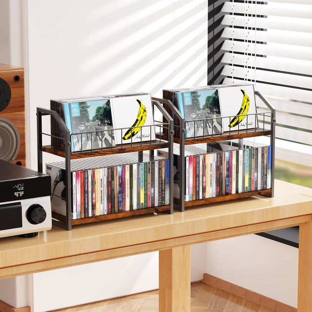 Alt view image 6 of 7 - CD Storage Rack, 2 Tier CD holder & Display, 120 Capacity- Brown 2 Pack Versatile CD organizer works for DVD storage, books and other media items, keeping jewel cases neat and accessible