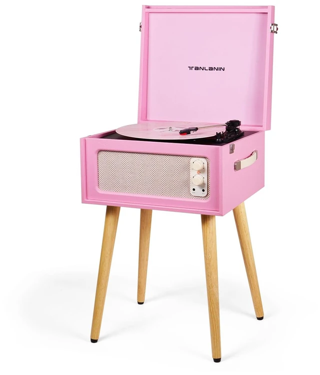 Main image of Record Player with Stand, 4 Speakers, Bluetooth Turntable, Pink Vintage standing record player with detachable legs, PC recording, 33/45/78 RPM belt drive, auto stop, RCA/AUX/headphone jack