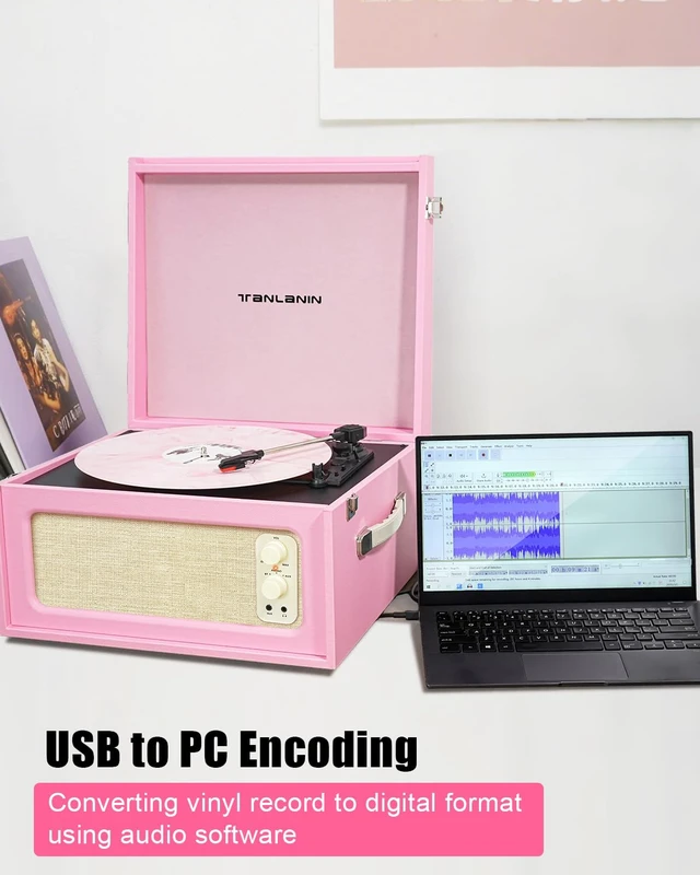 Alt view image 3 of 7 - Record Player with Stand, 4 Speakers, Bluetooth Turntable, Pink Vintage standing record player with detachable legs, PC recording, 33/45/78 RPM belt drive, auto stop, RCA/AUX/headphone jack