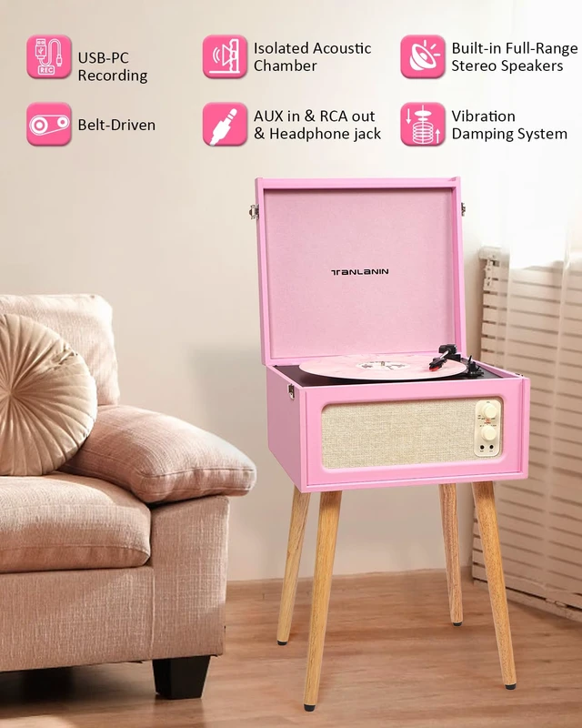 Alt view image 4 of 7 - Record Player with Stand, 4 Speakers, Bluetooth Turntable, Pink Vintage standing record player with detachable legs, PC recording, 33/45/78 RPM belt drive, auto stop, RCA/AUX/headphone jack
