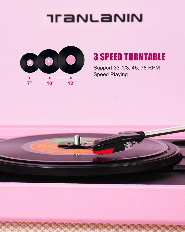Alt view image 5 of 7 - Record Player with Stand, 4 Speakers, Bluetooth Turntable, Pink Vintage standing record player with detachable legs, PC recording, 33/45/78 RPM belt drive, auto stop, RCA/AUX/headphone jack
