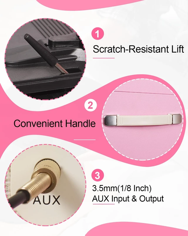 Alt view image 6 of 7 - Record Player with Stand, 4 Speakers, Bluetooth Turntable, Pink Vintage standing record player with detachable legs, PC recording, 33/45/78 RPM belt drive, auto stop, RCA/AUX/headphone jack