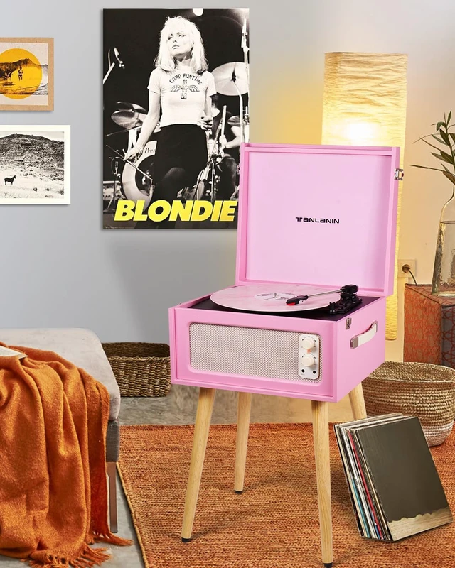 Alt view image 7 of 7 - Record Player with Stand, 4 Speakers, Bluetooth Turntable, Pink Vintage standing record player with detachable legs, PC recording, 33/45/78 RPM belt drive, auto stop, RCA/AUX/headphone jack