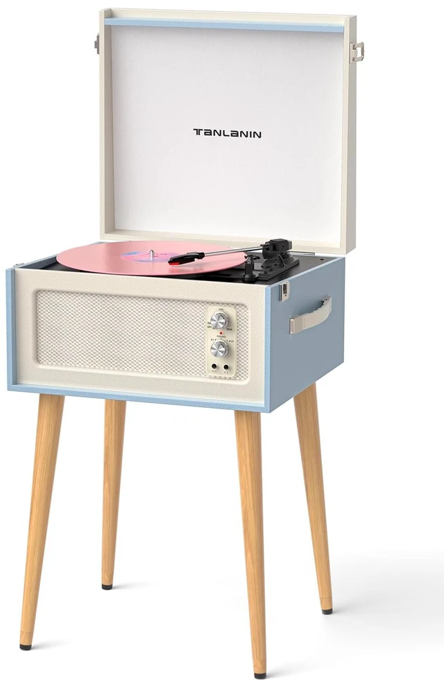Main image of Record Player with Stand, 4 Speakers, Bluetooth Turntable, Blue Vintage standing record player with detachable legs, PC recording, 33/45/78 RPM belt drive, auto stop, RCA/AUX/headphone jack