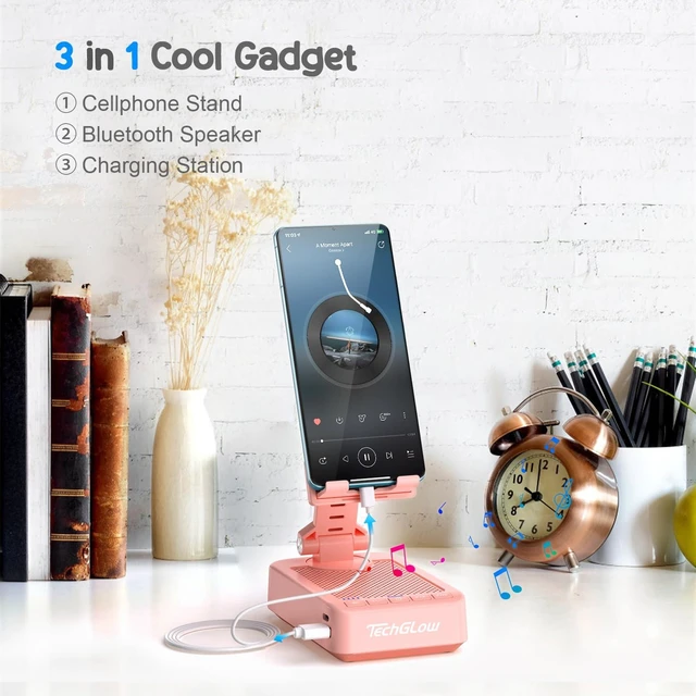 Alt view image 2 of 7 - Gifts for Men Women Foldable Cellphone Stand with Bluetooth Speaker and Charging Function 360° Rotatable Phone Stand Birthday Gift Idea for Mom Dad Cool Tech Gifts-Pink