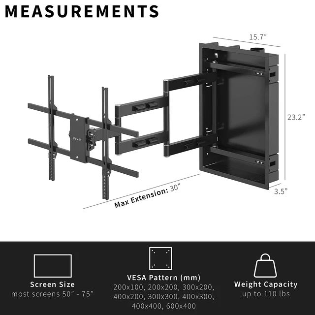 Alt view image 3 of 7 - Black 50-75 in Recessed TV Wall Mount, MOUNT-REC01 Sturdy Steel, LED LCD Television Mount, Articulating Full Motion in-Wall TV Bracket for Flush Installation, Holds 110 lbs