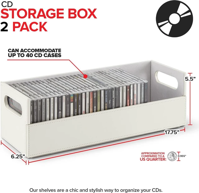 Alt view image 2 of 7 - 2- Pack CD Storage Box, Organizer Shelf for Movie Cases, DVDs, Cassette Tape Display Stand, Disc Holder Can Store Up to 40 CDs, Faux Leather (White with White Interior)