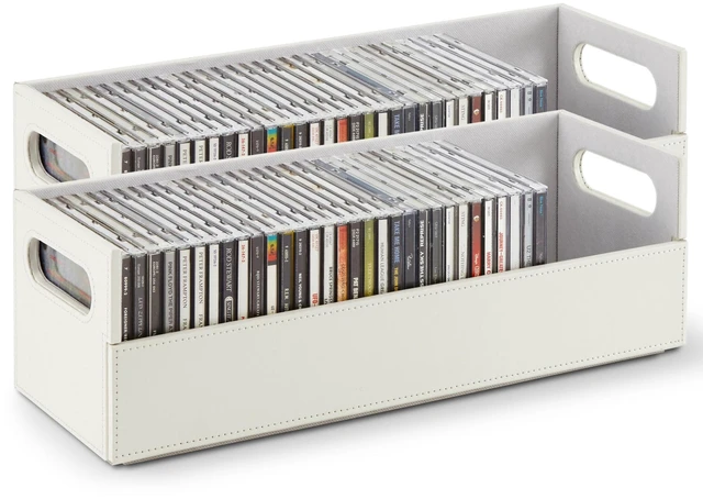 Main image of 2- Pack CD Storage Box, Organizer Shelf for Movie Cases, DVDs, Cassette Tape Display Stand, Disc Holder Can Store Up to 40 CDs, Faux Leather (White with White Interior)